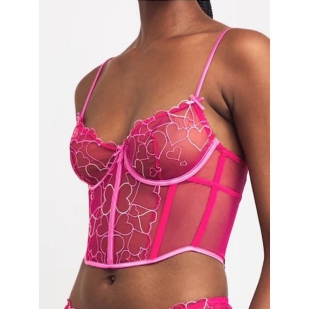 SKIMS Embroidered Tulle Unlined Demi Corset Punch Pink Heart Small